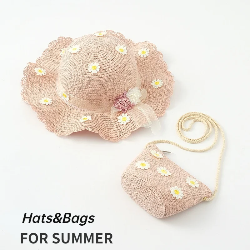 

2023 Summer Girl Weave Straw Hat Backpack New Sandy Beach Sun Caps Flower Messenger Bag Baby Cute Coin Purse Pocket Headgear