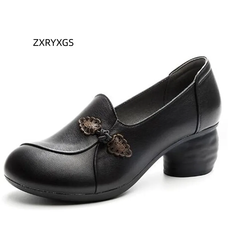 

ZXRYXGS 2023 High-end Full Genuine Leather High Heels Round Toe Soft Sole Comfort Elegant Shoes Woman Deep Mouth Fashion Pumps