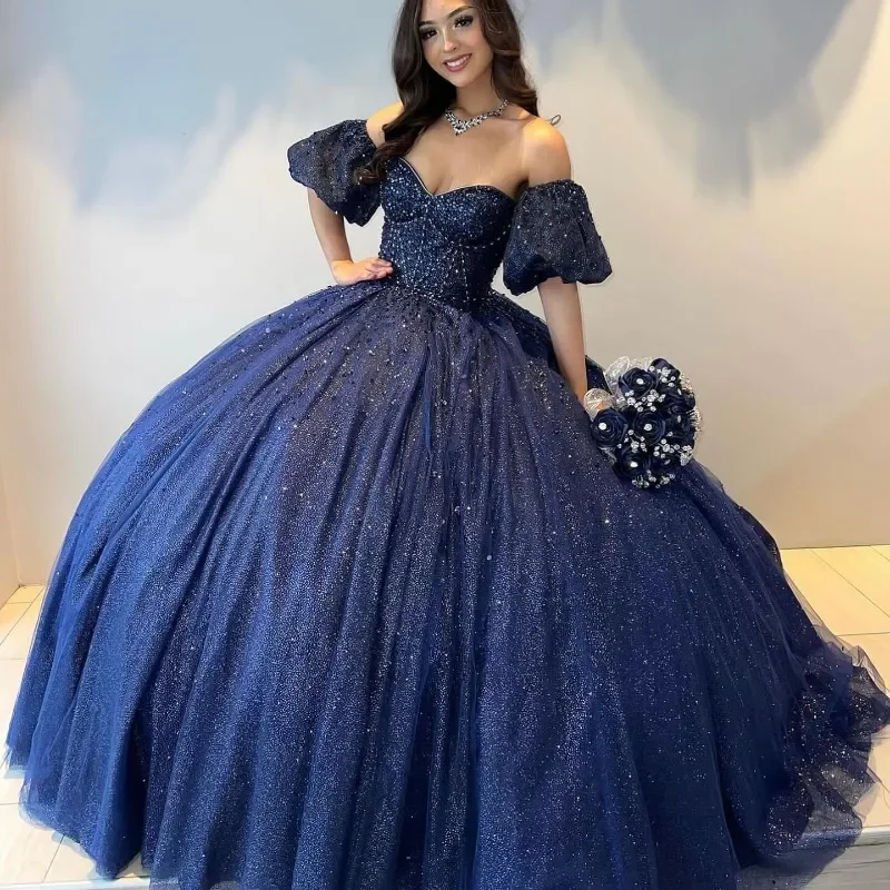 Sparkly Navy Blue Princess Quinceanera Dresses Short Sleeves Beads Vestidos De 15 Anos Birthday Party Gowns Custom Made
Sparkly Navy Blue Princess Quinceanera Dresses Short Sleeves Beads Vestidos De 15 Anos Birthday Party Gowns Custom Made