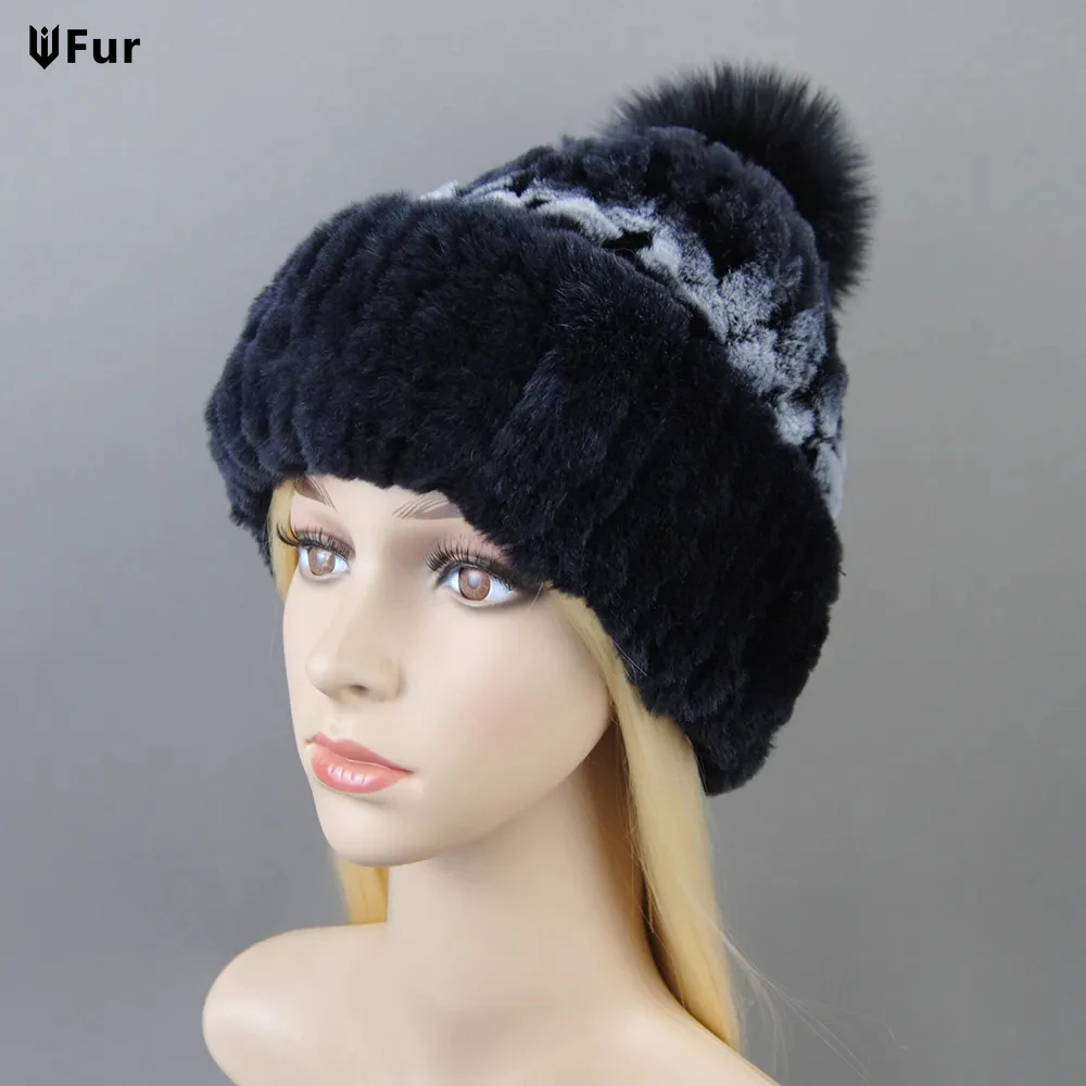 

European Station Luxury Women's Real Rex Rabbit Fur Rainbow Hats Lady Winter Warm Beanie Cap Bucket Hat With Fox Fur Pom Poms