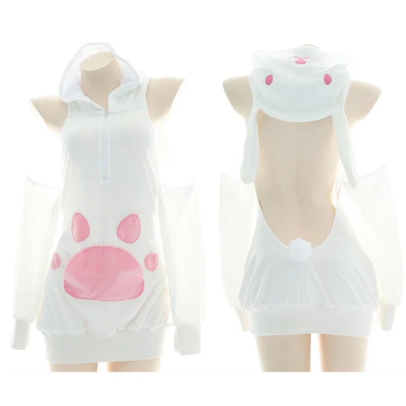 

Anime cute cat hooded dress pajamas unifrom women pink cats paw backless hoodie cosplay lingerie rabbit girl role play underwear