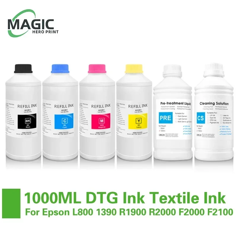 

1000ML DTG Ink Textile InK Garment Ink DX5 DX6 DX7 TX800 5113 4720 I3200 Printhead For Epson L800 1390 R1900 R2000 F2000 F2100