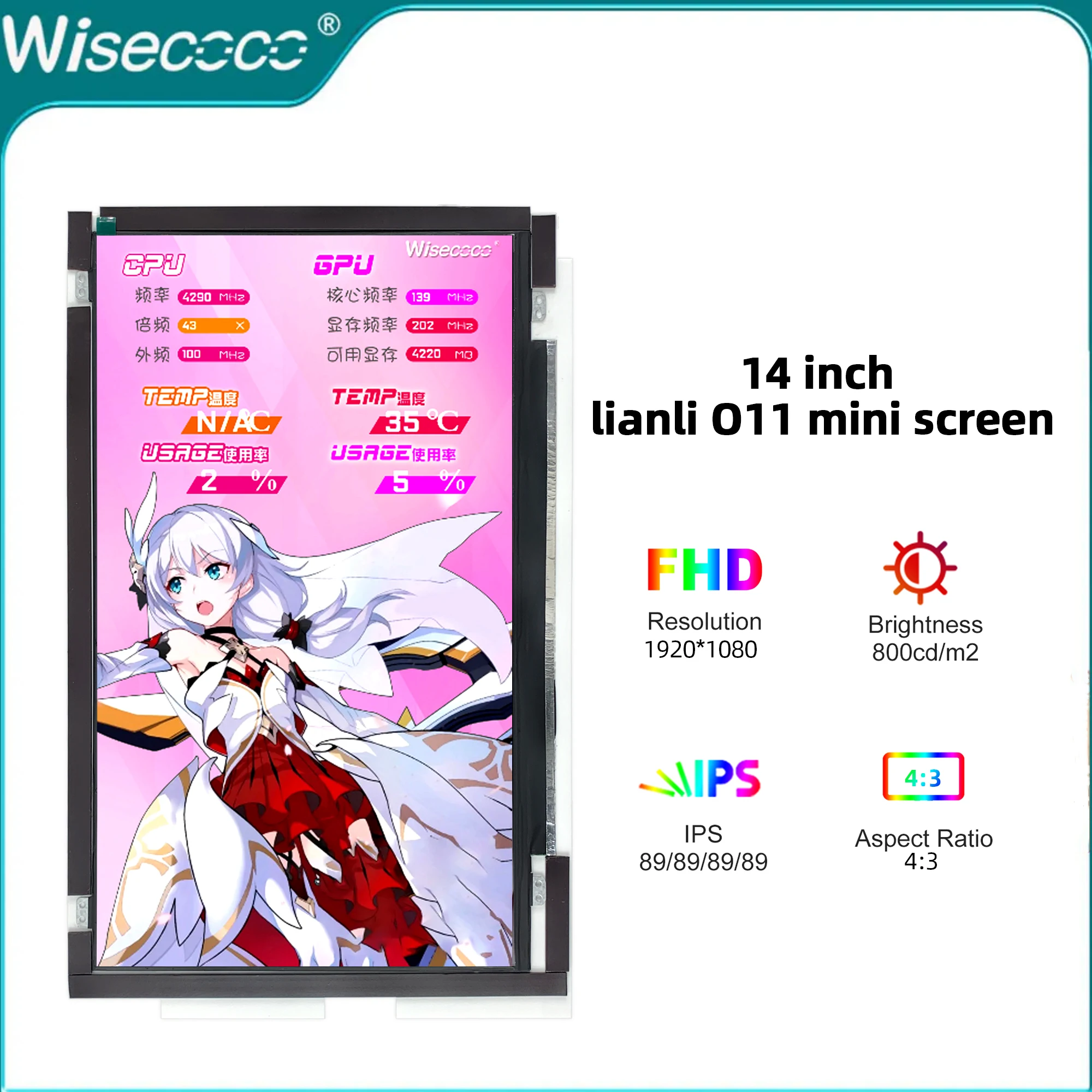 

Портативный монитор Wisecoco 14 дюймов 1920*1080 HD IPS 2K LCD игровой процессор GPU вторичный дисплей для Lianli O11 Dynamic Mini чехол