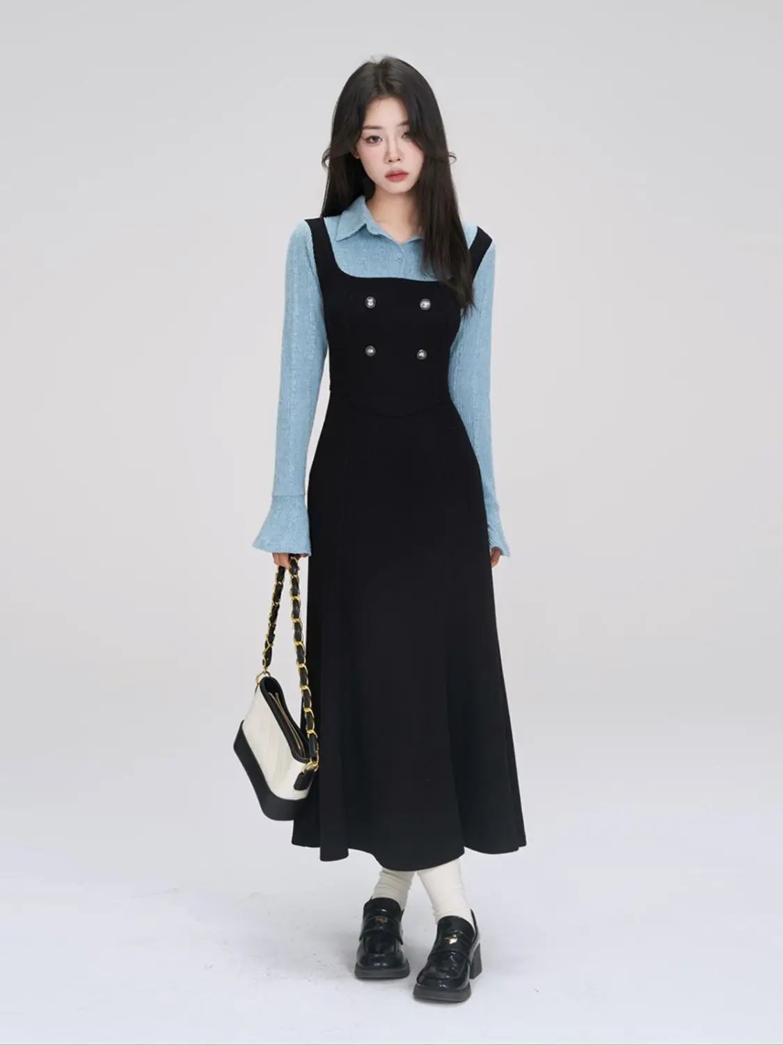 

Korea Fake Two-piece Dress for Women Spring 2024 Splicing Slim Long Dresses Temperament Versatile Vintage Skirts Fashion Clothes