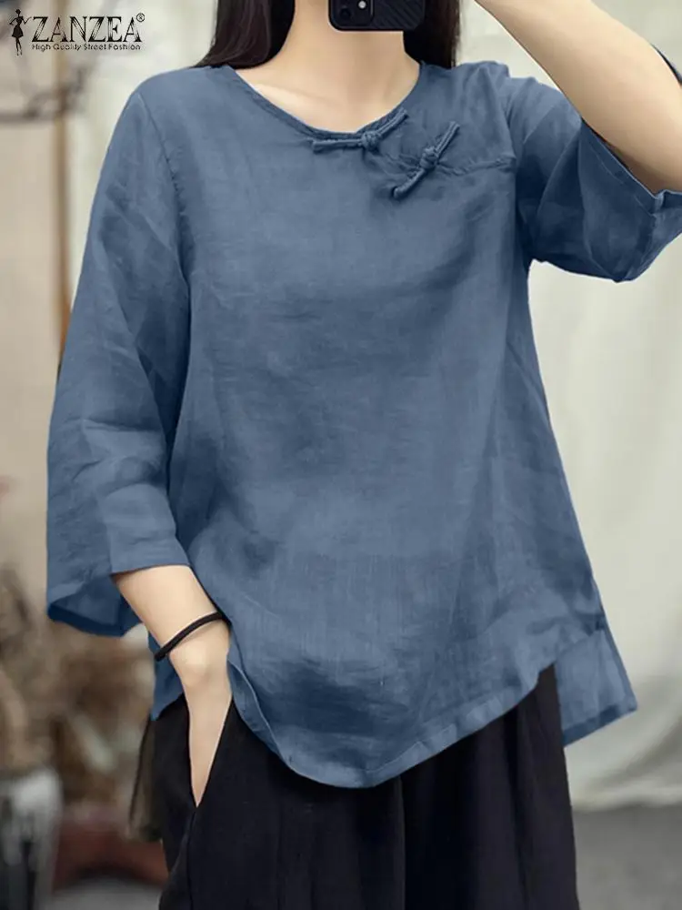 

Vintage Women Blouse Autumn O Neck 3/4 Sleeve Shirt ZANZEA Casual Solid Cotton Tops Female Fashion Asymmetrical Hem Blusas 2023