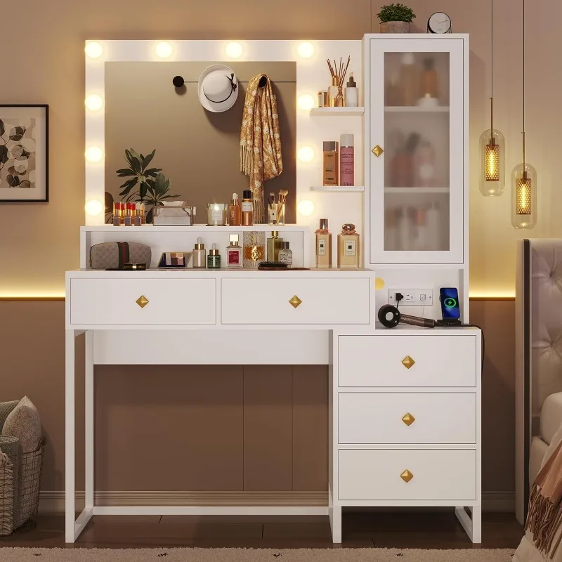 Vanity Desk with Mirror and Lights, Makeup Vanity with Lights & Charging Station, Makeup Desk with 5 Drawers & Storage Shelves
Vanity Desk with Mirror and Lights, Makeup Vanity with Lights & Charging Station, Makeup Desk with 5 Drawers & Storage Shelves