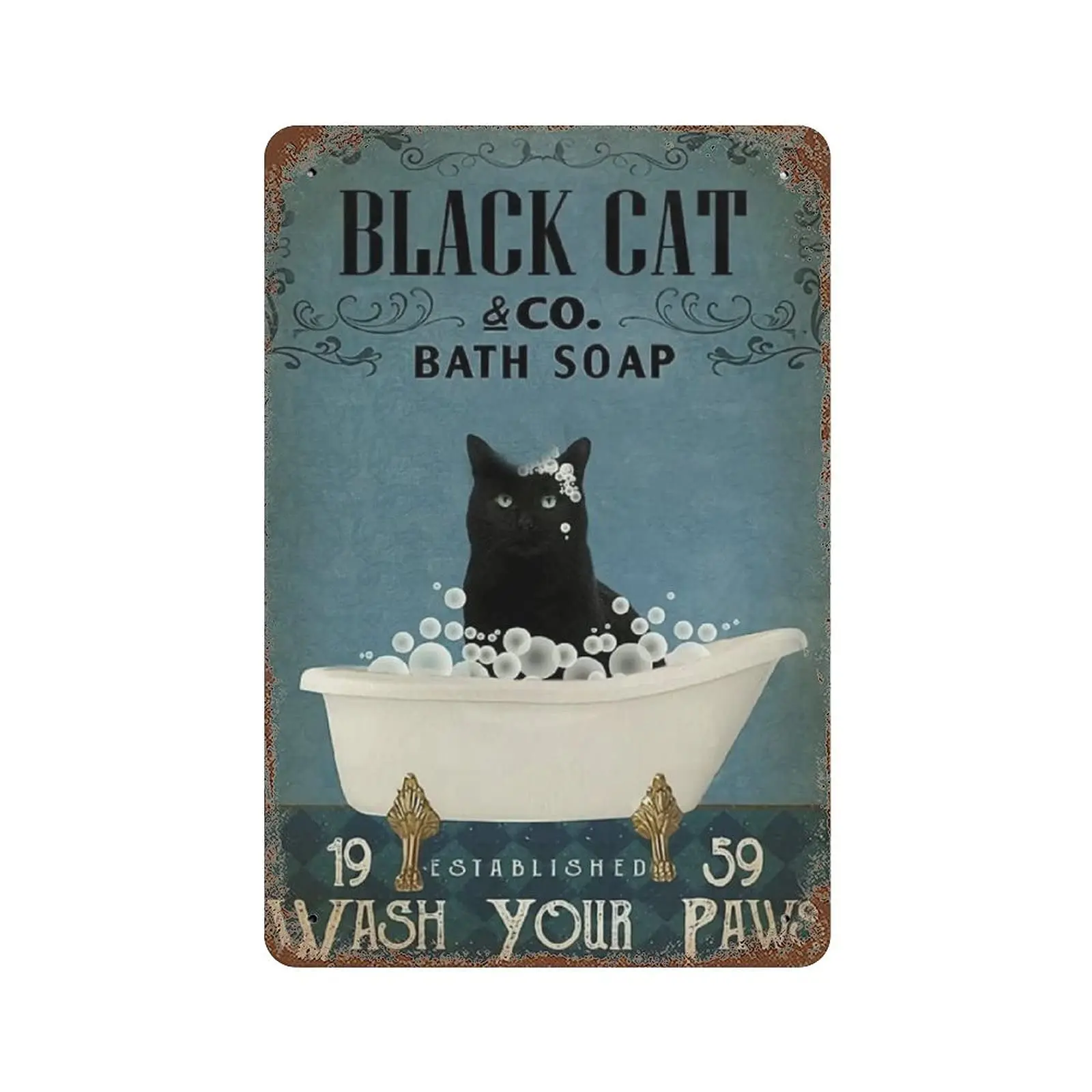 

Metal tin sign，Retro Style， Novelty poster，Iron Painting，Black Cat Co Bath Soap Wash Your Fins Vertical Tin Sign - Black Cat Wal