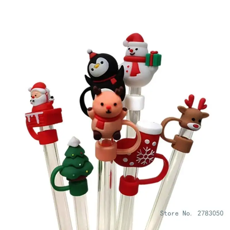 

7pcs Christmas Silicone Straw Covers Dustproof Drinking Straw Caps Toppers Cartoon Ornament Straw Lids for Tumblers Cup