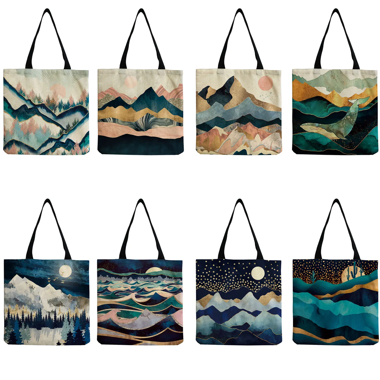 

School Teacher Gift Bag Tote Bag Eco Friendly High Capacity Customizable Shopper Bag Art Abstract Mountain And Water Landscape