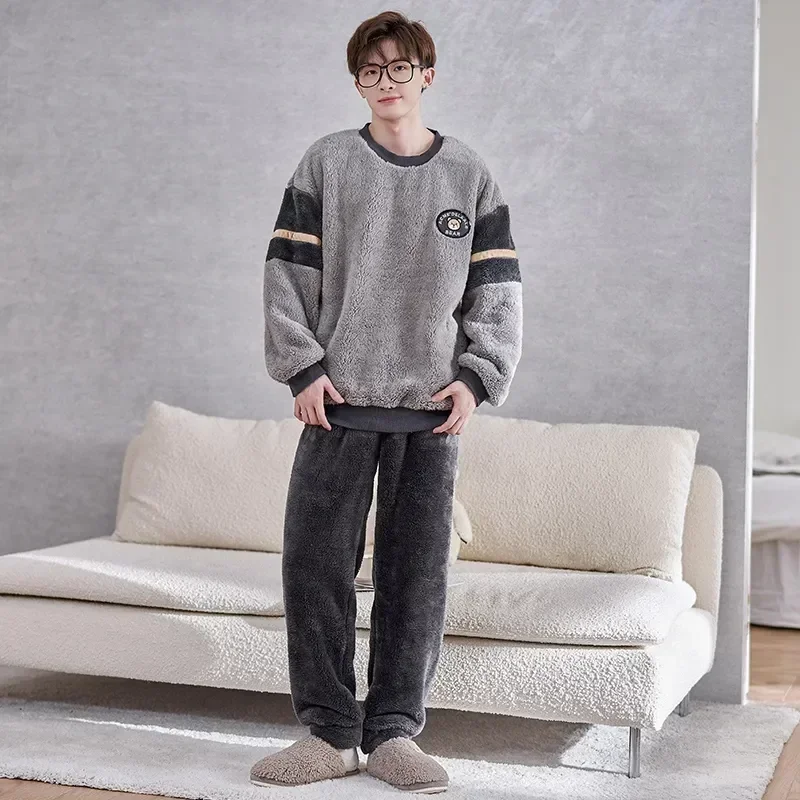 

New Size For Coral Plus Long Sleepwear Pyjama Thick Men Sets Clothes Warm Velvet Winter Home Sleeve Flannel Homewear 2023 Pajama