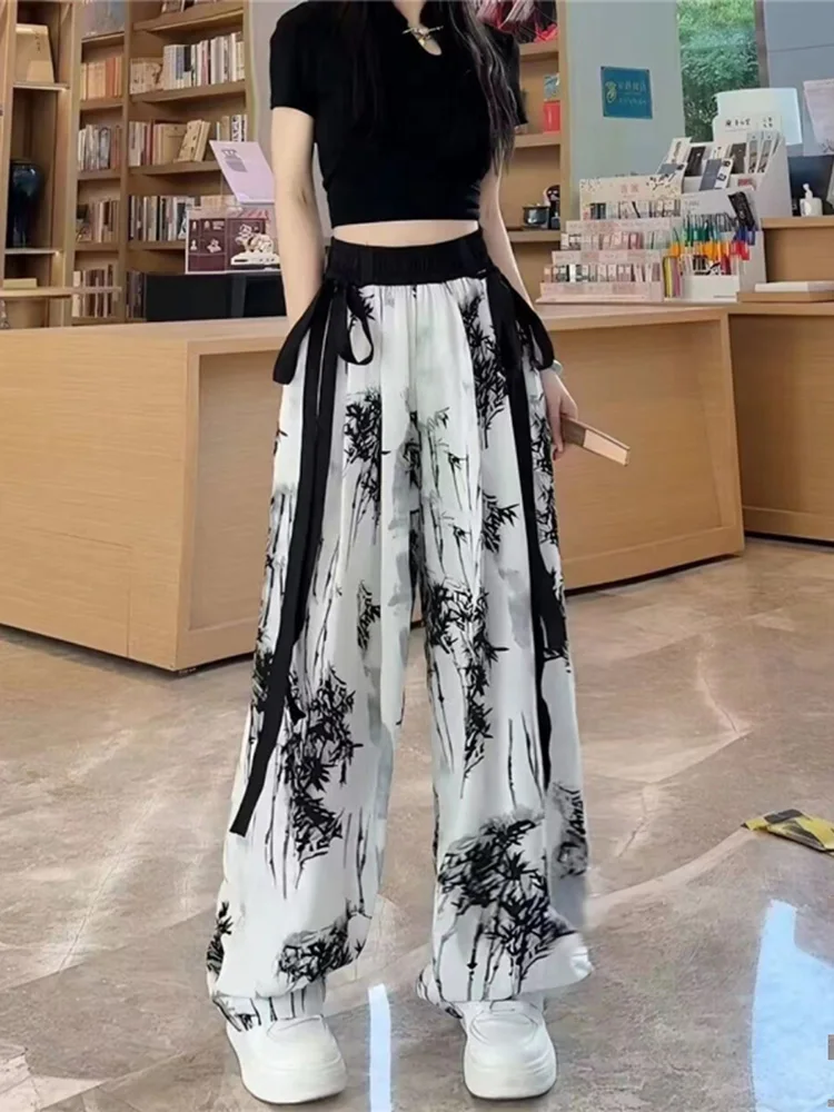 

Female Casual Korean Elastic High Waist Tie Dye Printed Trousers Summer Fashion Lace Up Spliced Wide Leg Pants Women's Clothing
