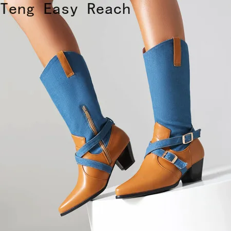 

Mix Color Patchwork Riding Boots for Women Autumn Winter Thick Heels Knee High Botas Woman Pointed Toe Cross Strap Knight Boots