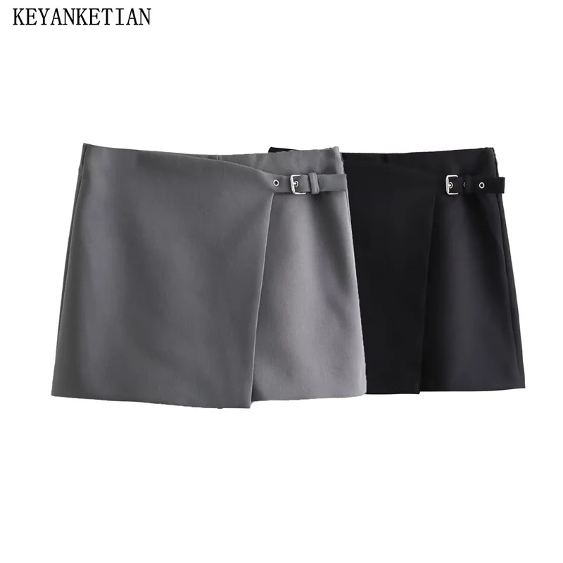 

KEYANKETIAN 2024 New Launch Women's Asymmetrically Decorated Shorts Fashion Side Zipper High Waist Solid color Office Lady Skort