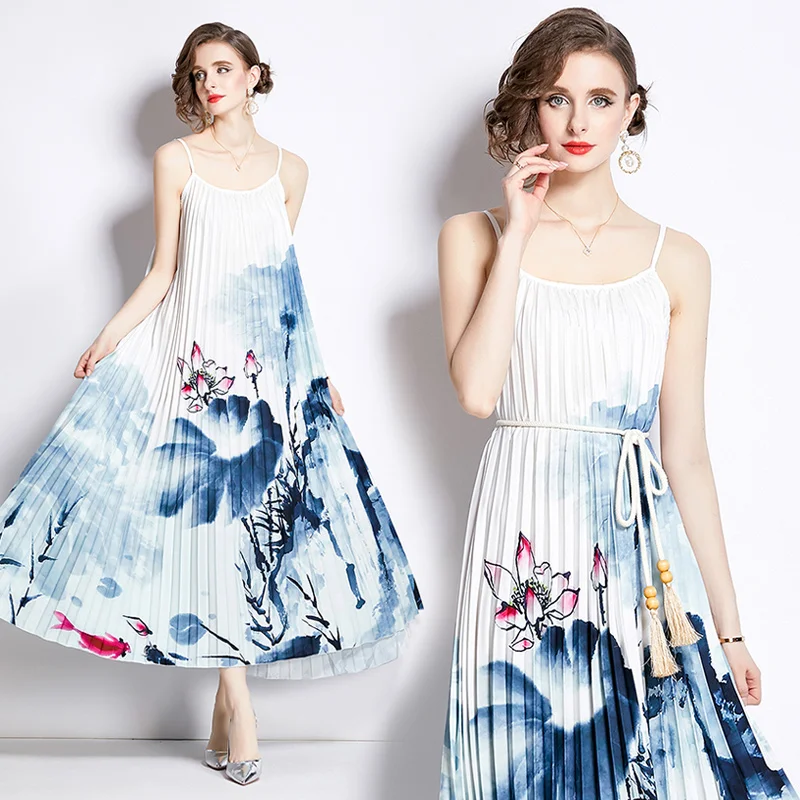

Summer New Light Mature Style Celebrity Temperament V-Neck Waist A-Line Positoning Printed Sling Dresses Elegant Long Skirt