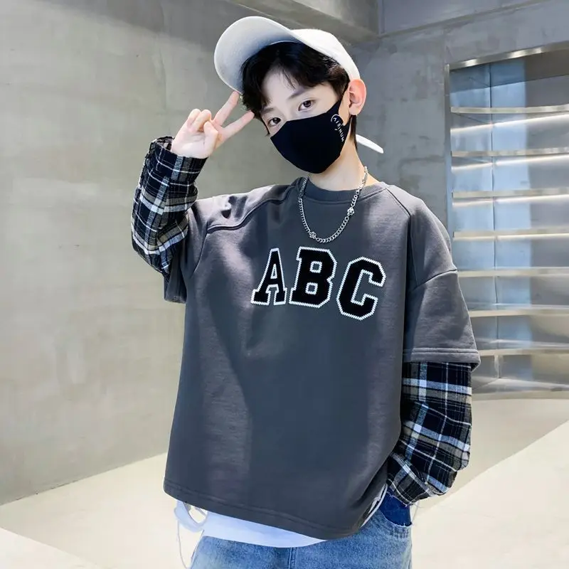2023 Spring Autumn Teen Boys Fake Two Pieces Long Sleeved Plaid Top Letter Print Patchwork Round Neck Causal 5-14 Years Old
2023 Spring Autumn Teen Boys Fake Two Pieces Long Sleeved Plaid Top Letter Print Patchwork Round Neck Causal 5-14 Years Old