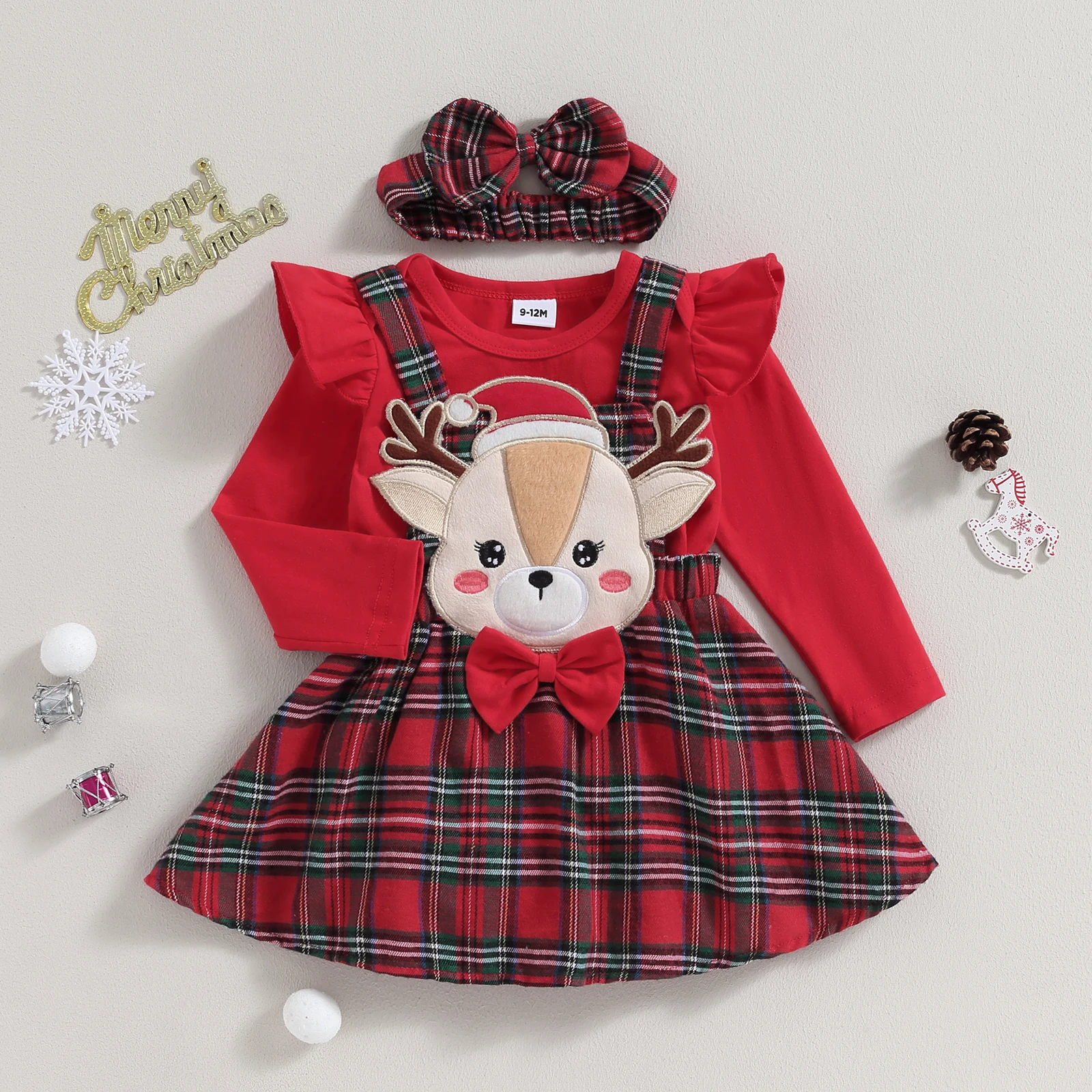 

0-18M Christmas Newborn Infant Baby Girl Clothes Sets Knit Red Romper Deer Plaid Skirts Headban Xmas Outfits Costume