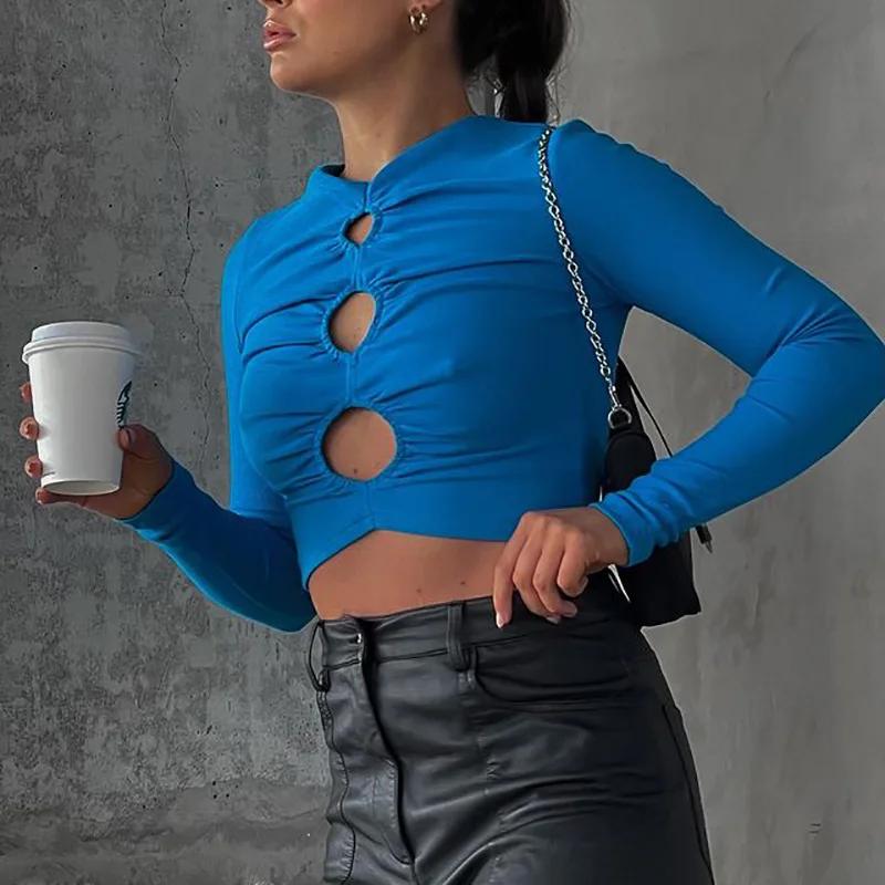 2023 Spring Tops Autumn T Shirts Women Long Sleeve Bodycon Midriff Sexy Crop Top Fashion Mujer Tees Hollow Out Blue Shirts H223
2023 Spring Tops Autumn T Shirts Women Long Sleeve Bodycon Midriff Sexy Crop Top Fashion Mujer Tees Hollow Out Blue Shirts H223