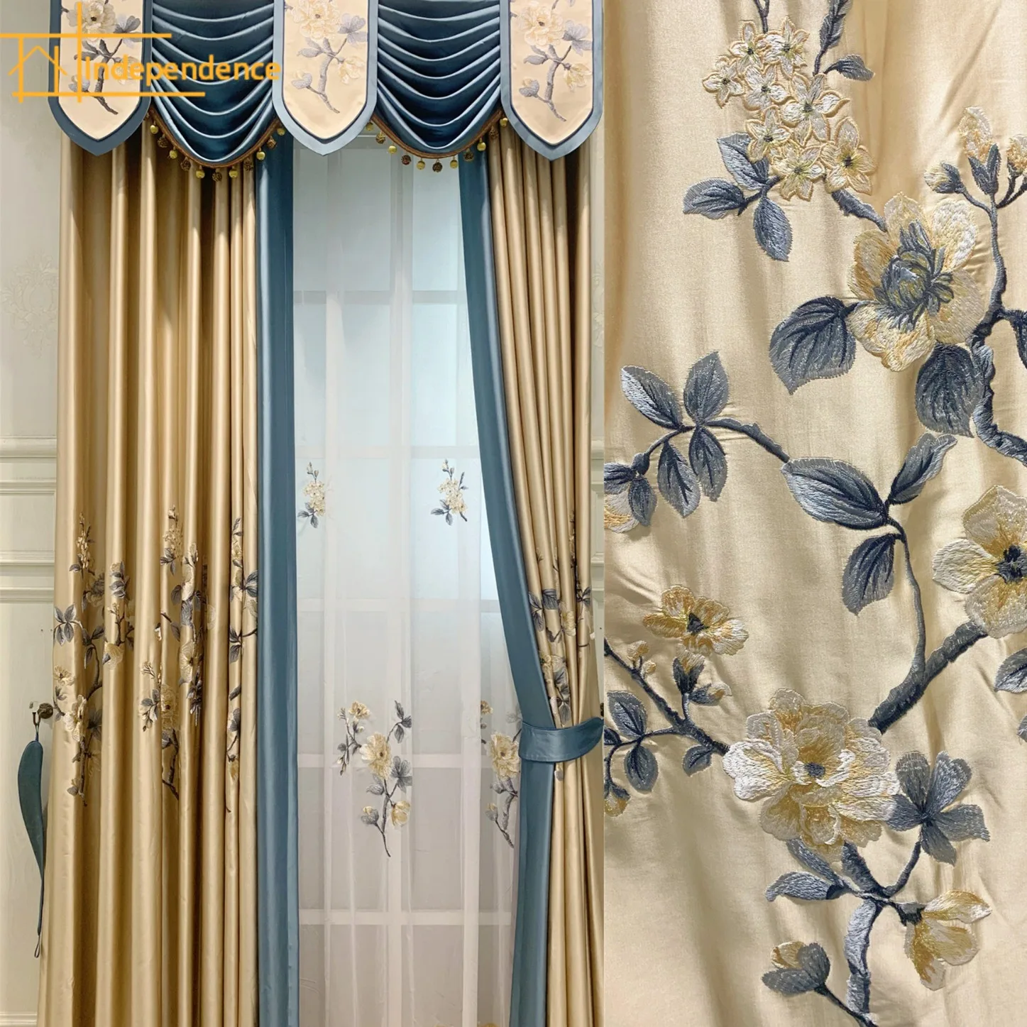 

New Chinese Style Gold Blue Embroidered Window Screen Splicing Thickened Curtains for Living Room Bedroom French Window Balcony