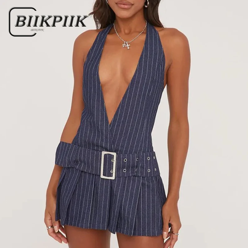 BIIKPIIK Striped Sexy V-neck Pleated Dress for Women Academic Style Belt Backless A-line Mini Dresses Club Fashion Evening Dress
BIIKPIIK Striped Sexy V-neck Pleated Dress for Women Academic Style Belt Backless A-line Mini Dresses Club Fashion Evening Dress