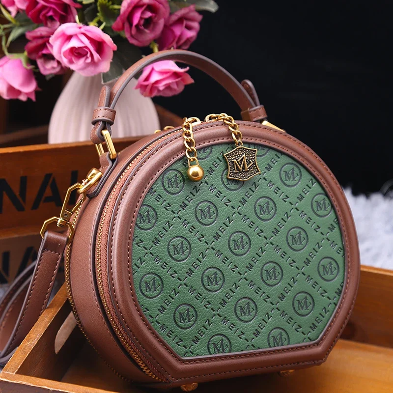 

100% Genuine Leather 2023 New Fashion Embossed Green Single Shoulder Cross-body Small Round Bag Purse and Handbags Sac Luxe