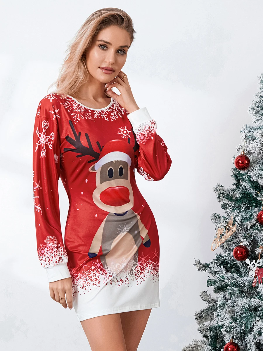 

Women Long Sleeve Dress Casual Elk Snowman Print Christmas Party Mini Dress for Beach Cocktail Club Streetwear