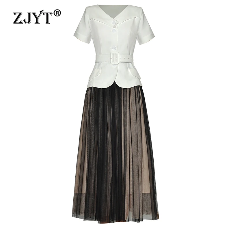 

ZJYT летний комплект из двух предметов, Женский подиумный дизайнерский белый топ с поясом и сетчатая юбка, офисный женский наряд, элегантная женская одежда