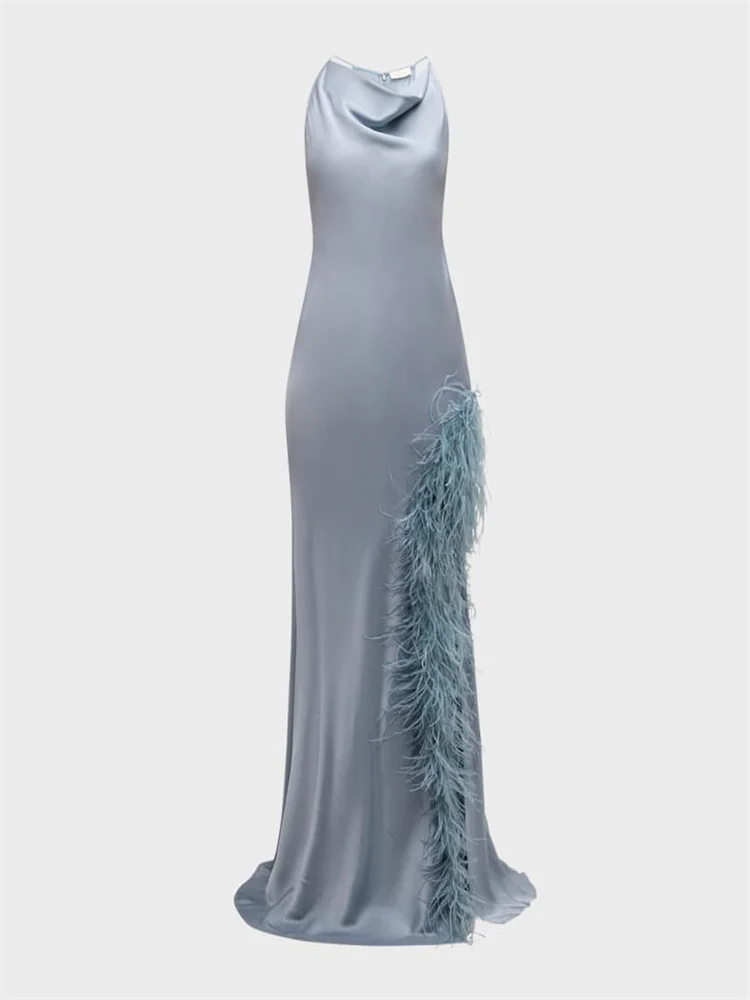 

New Product Cowl Halter Neckline Sleeveless Mermaid Satin Evening Dress Back Zipper Floor Length With Feathers Gown for Women