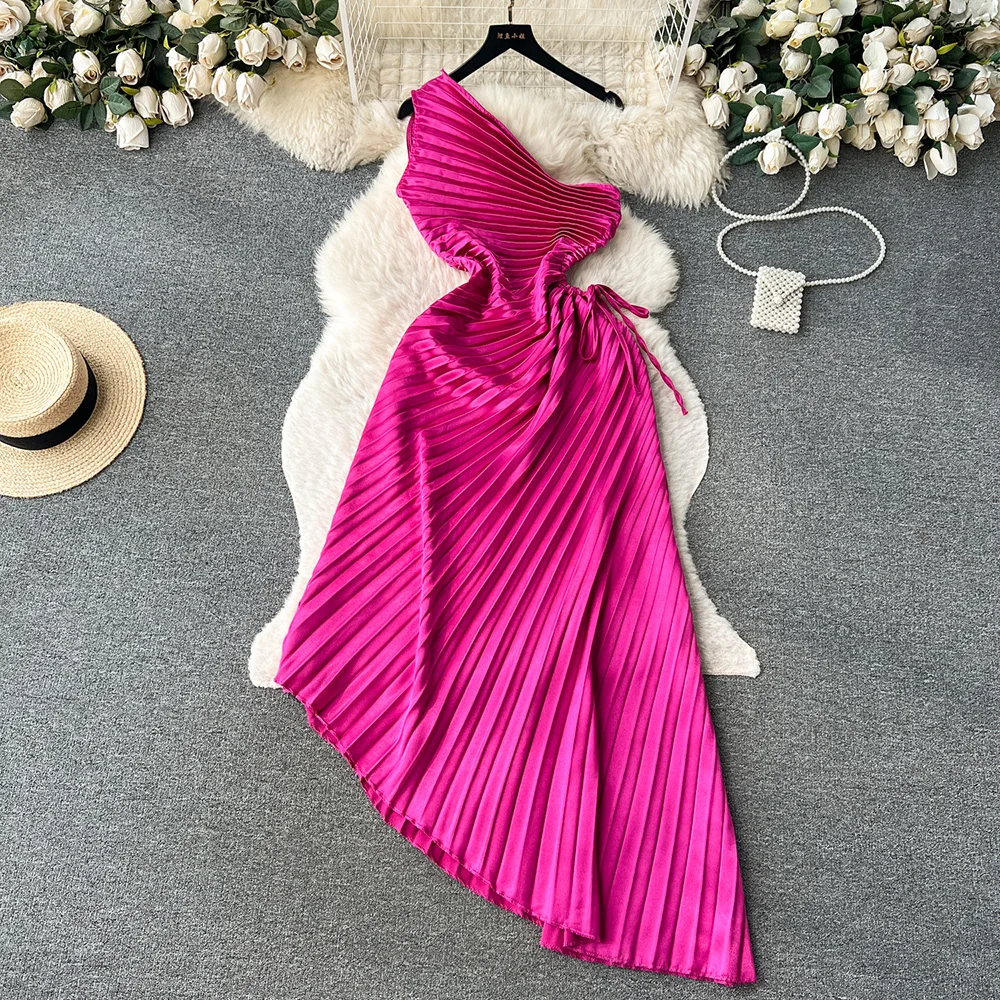

Croysier Elegant Evening Long Dresses For Women 2023 Sleeveless Asymmetric Hem Pleated Dress Sexy Waist Cut Out Party Maxi Dress