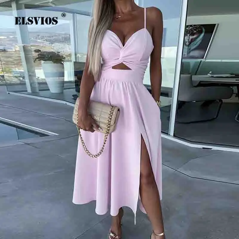 

Female Summer Solid Color Causal Party Dress Sexy Off-shoulder Backless Hollowed Out Spaghetti Strap Dress Elegant Fashion Skirt
