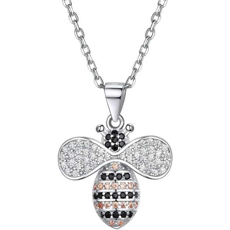 

Zircon Necklace with Chain 925 Sterling Silver Black Yellow White CZ Honey Bee Pendant Necklace For Women Girl