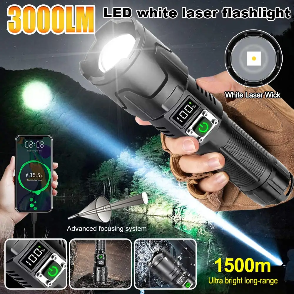 

30W Super bright Long Shot Torch LED White Laser Flashlight USB Rechargeable Flash Light 26650 Flashlights Tactical Lantern