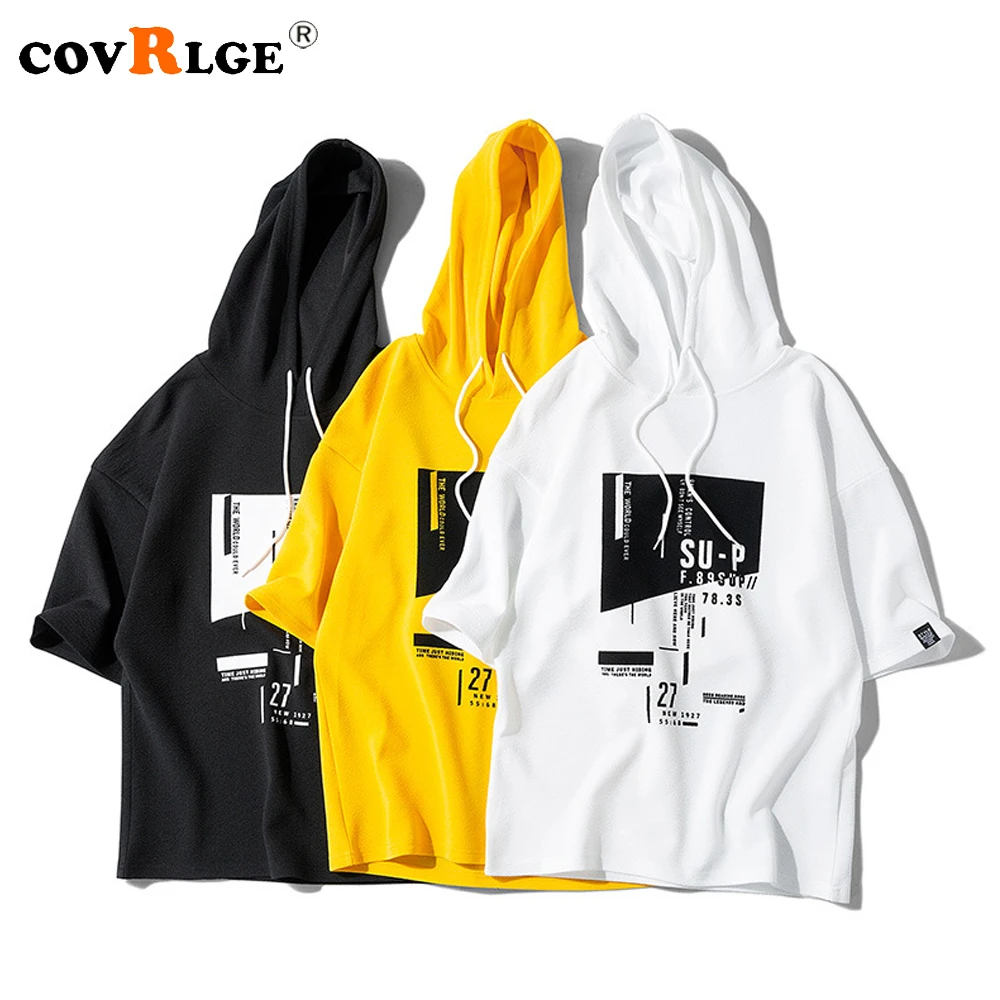 

Covrlge Men Hooded T Shirts Solid Color Printed Casual Short Sleeve Summer Loose Oversized T Shirt Harajuku Male Hoodies Tees