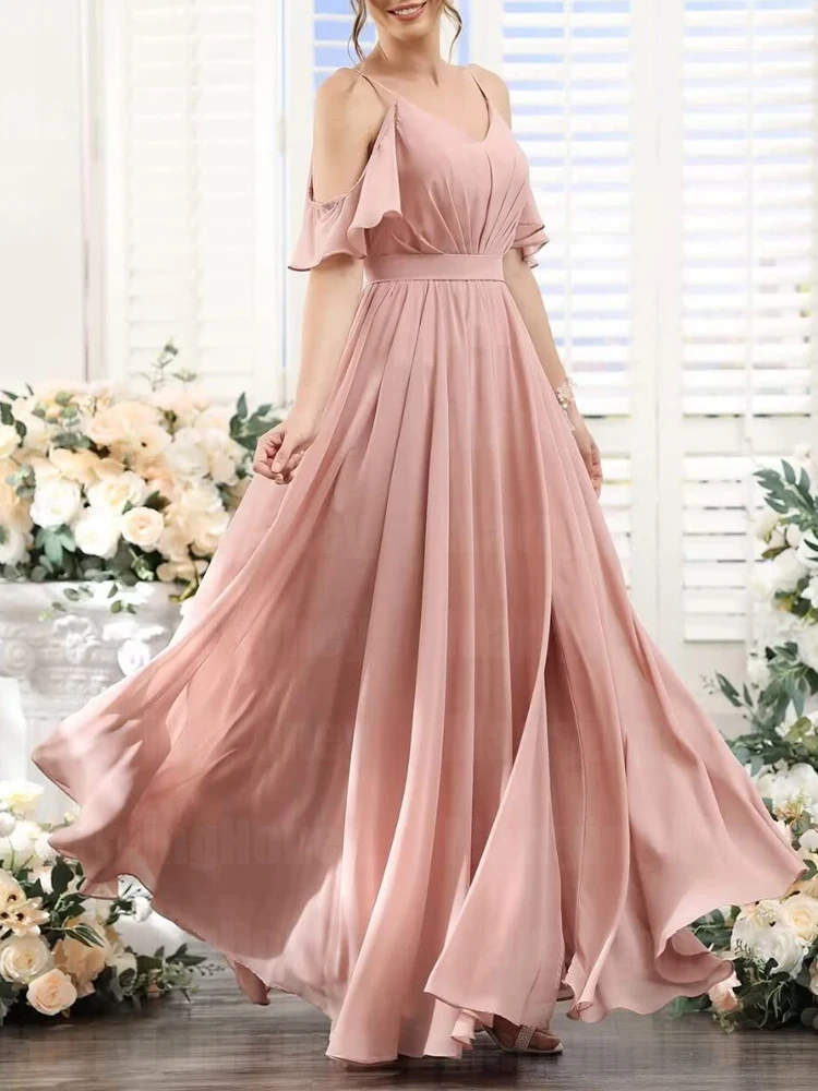 Cold Shoulder Bridesmaid Dresses for Wedding V-Neck Ruffle Short Sleeve A Line Chiffon Lace Up Back Evening Party Gown with Slit
Cold Shoulder Bridesmaid Dresses for Wedding V-Neck Ruffle Short Sleeve A Line Chiffon Lace Up Back Evening Party Gown with Slit
