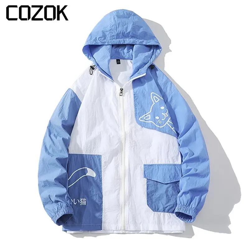Korean Varsity Hooded Jacket Men Cartoon Patchwork Color Block Cats Print Windbreaker Coats Summer Thin College Jackets Students
Korean Varsity Hooded Jacket Men Cartoon Patchwork Color Block Cats Print Windbreaker Coats Summer Thin College Jackets Students
