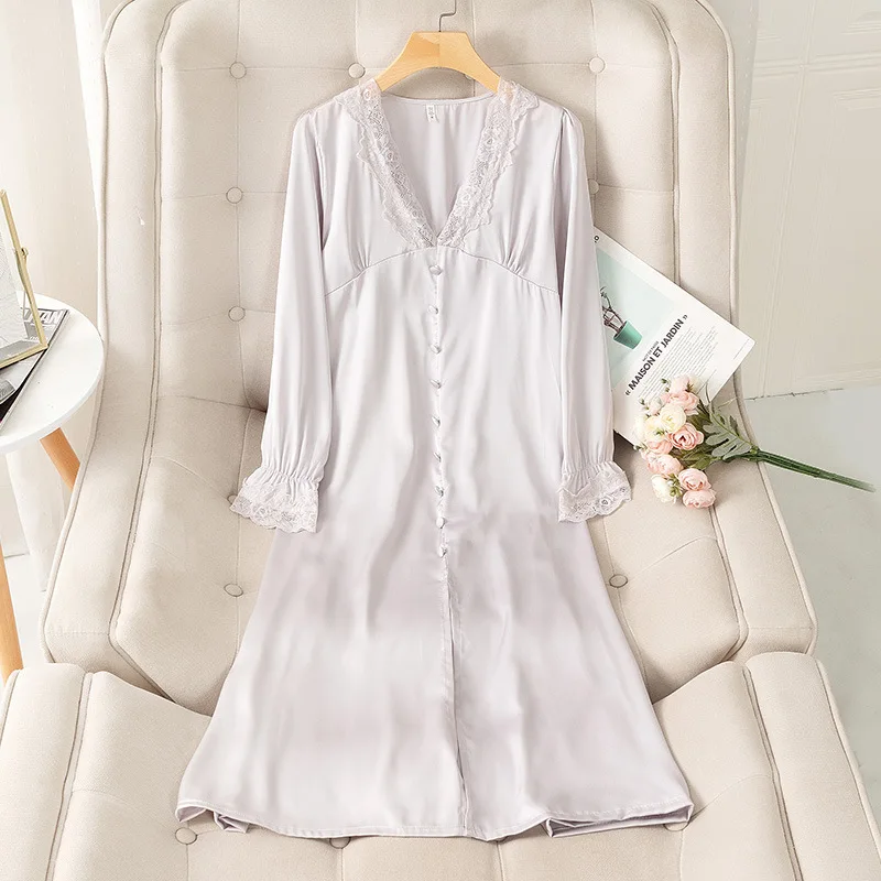 Satin Long Sleeve Nightwear With Bow Loose Nightgown Slash Neck Lady Sleep Dress Lace Trim Sleepwear Lingerie Sexy Nightdress
Satin Long Sleeve Nightwear With Bow Loose Nightgown Slash Neck Lady Sleep Dress Lace Trim Sleepwear Lingerie Sexy Nightdress