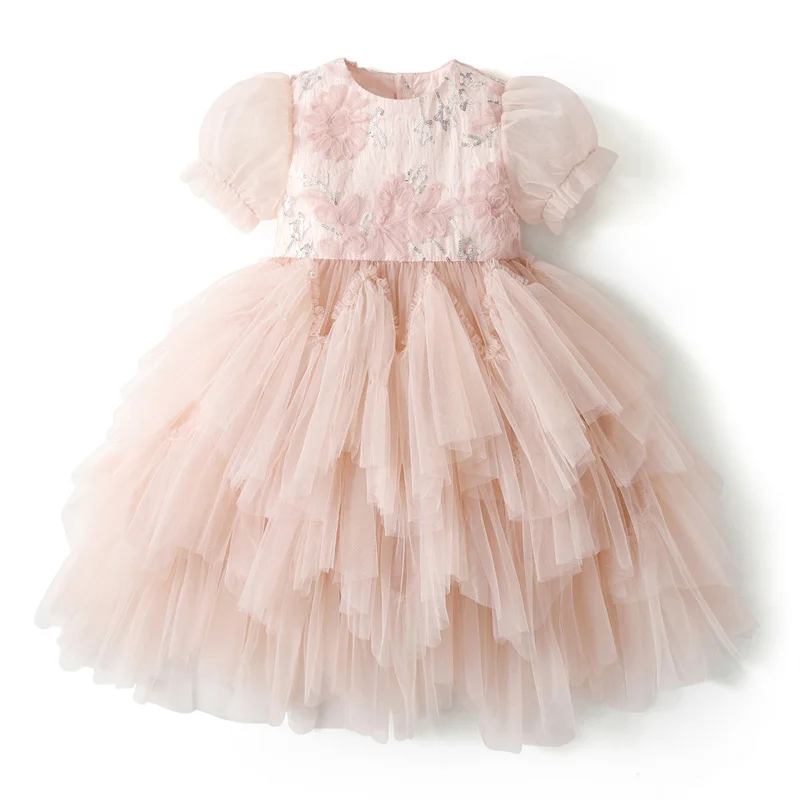 

2025 Pink Flowers Baby Girl Dress Sequin Girls for Eid Dresses Mesh Babe Kids Clothes Puff Sleeve Sweet Fashion Gala Costume ﻿
