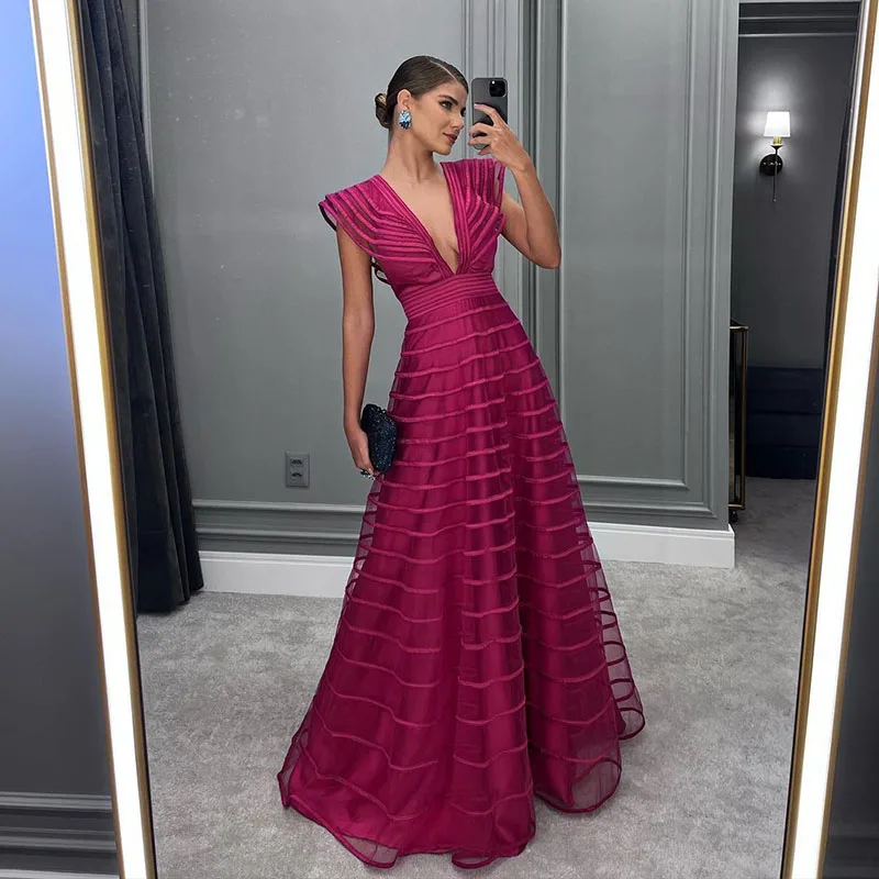 Fuchsia V Neck Backless Sexy Evening Dresses Cap Sleeves Floor Length Prom Dress Women Party Special Occasion Dress
Fuchsia V Neck Backless Sexy Evening Dresses Cap Sleeves Floor Length Prom Dress Women Party Special Occasion Dress