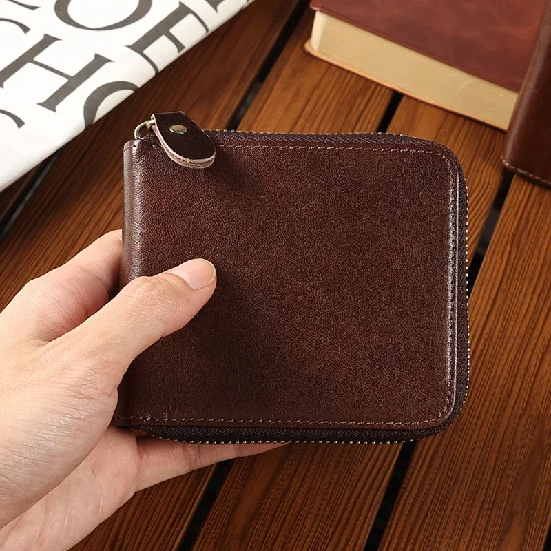 

New Men's RFID Blocking Leather Wallet Short Zipper Purse Retro Style Coin Pouch