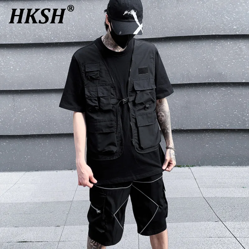 

HKSH Summer New Men's Tide Dark Multi Pockets O-Neck Loose Short Sleeve T-shirt Fake Two-piece Fashion Chic Techwear Tees HK0150