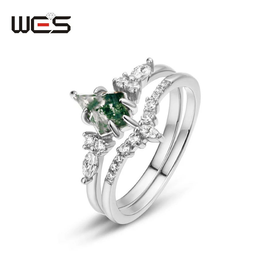 

WES 925 Sterling Silver Natural 6*9mm Moss Agate Ring Sets For Woman Gold Plated Wedding Valentine Gifts Certified Jewelry Band