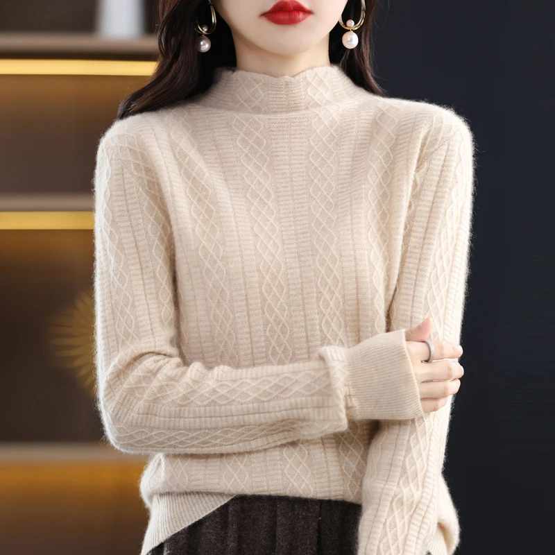 

Women 100% Merino Wool Soft Sweater Autumn Winter Casual Half-high Collar Twisted Pullover Thickened Warm Cashmere Knitwear Top