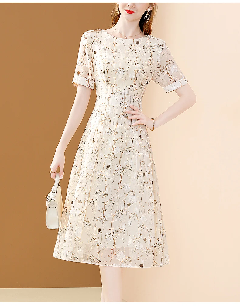 EVNISI Chic Floral Printing Women Chiffon Dress O-Neck Elegant Apricot Office A-LINE Dresses Fairy For Women Slim Party Vestido EVNISI Chic Floral Printing Women Chiffon Dress O-Neck Elegant Apricot Office A-LINE Dresses Fairy For Women Slim Party Vestido