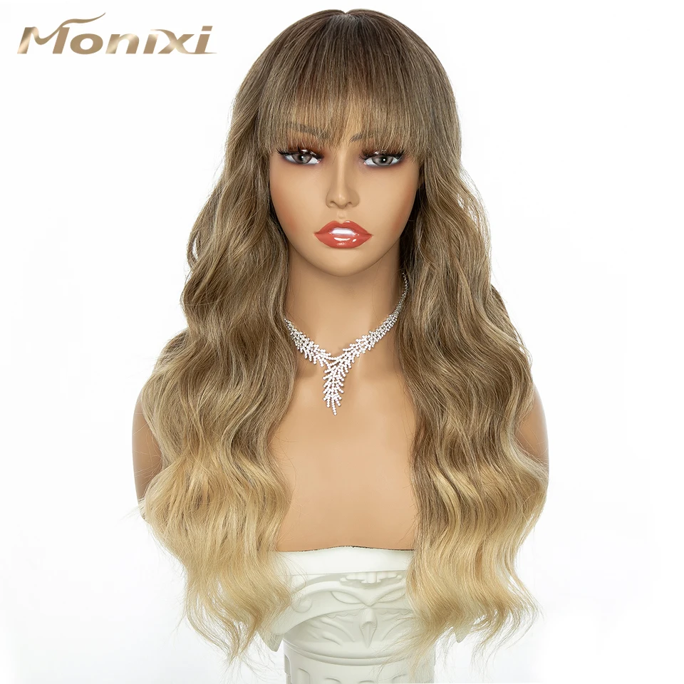

MONIXI синтетический длинный волнистый парик Омбре блонд парик с челкой для женщин ежедневное использование и косплей Платина термостойкие волокна парики