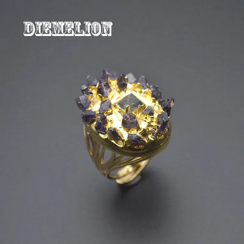 

Micro Inlay Irregular Amethyst Chip Stones Open Rings for Women 18K Gold Plated Natural Gem Stone Ring Handmade Unusual Jewelry