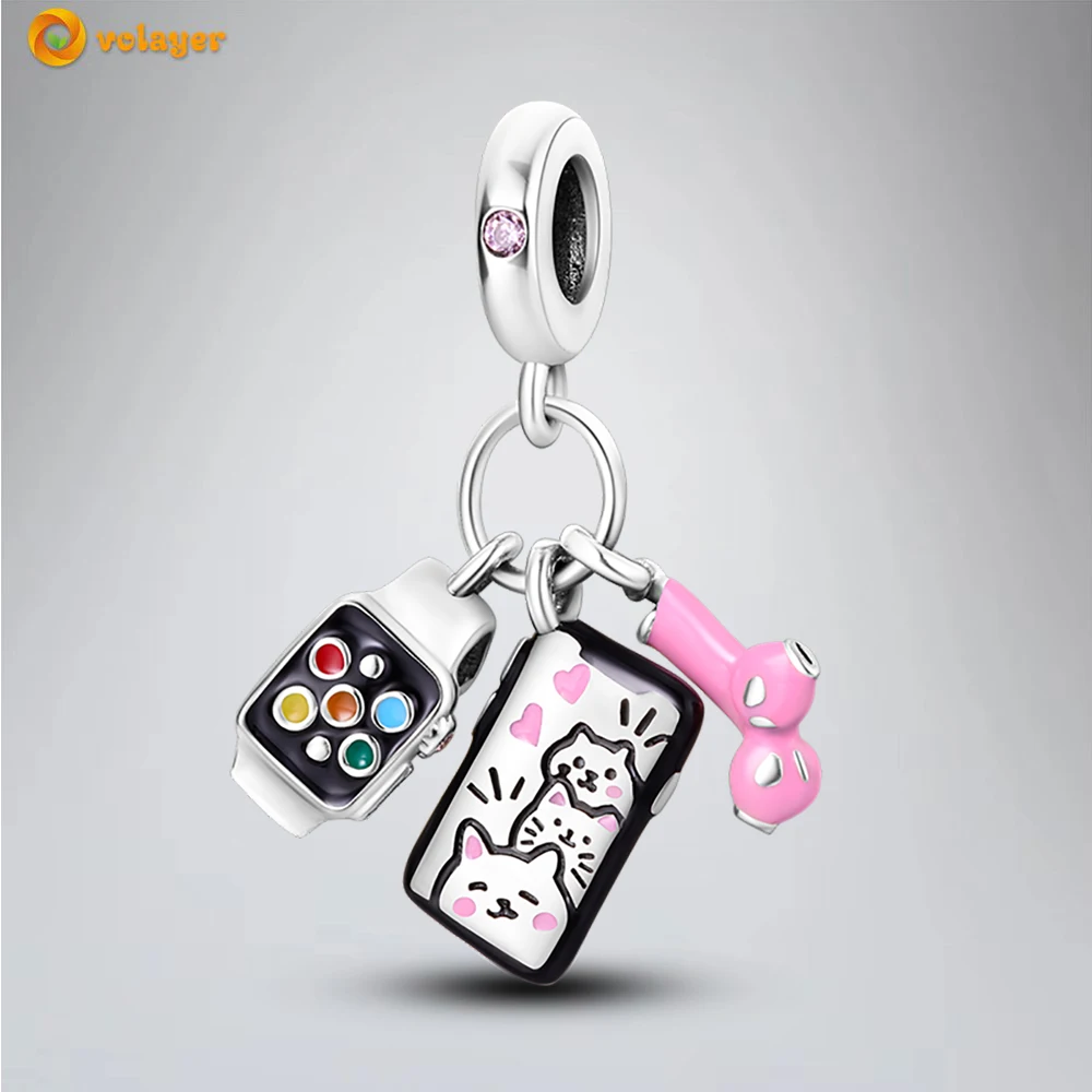 

Volayer 925 Sterling Silver Beads Cell Phone Watch Headset Dangle Charm fit Original Pandora Bracelets for Women DIY Jewelry