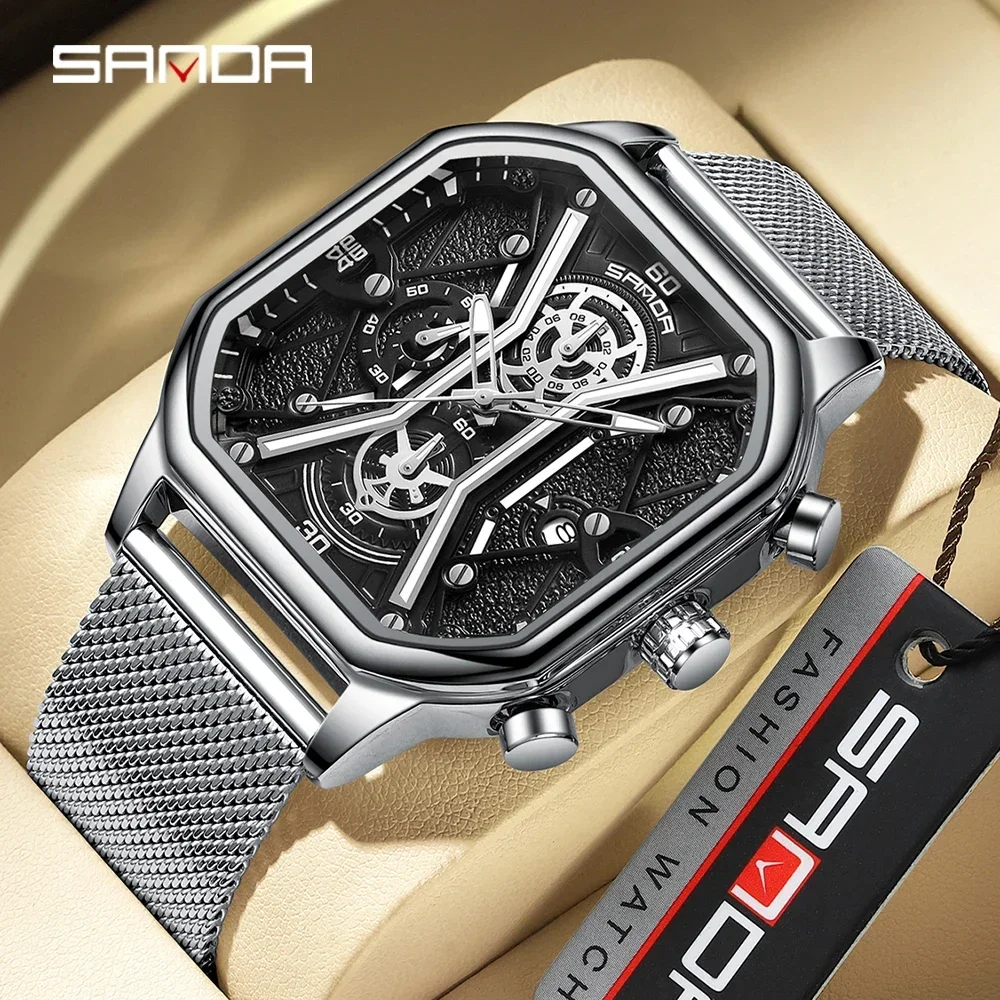 

SANDA 2023 Luxury Watch Business Waterproof Male Clock Luminous Date Stainless Steel Square Quartz Men Wristwatches Reloj Hombre