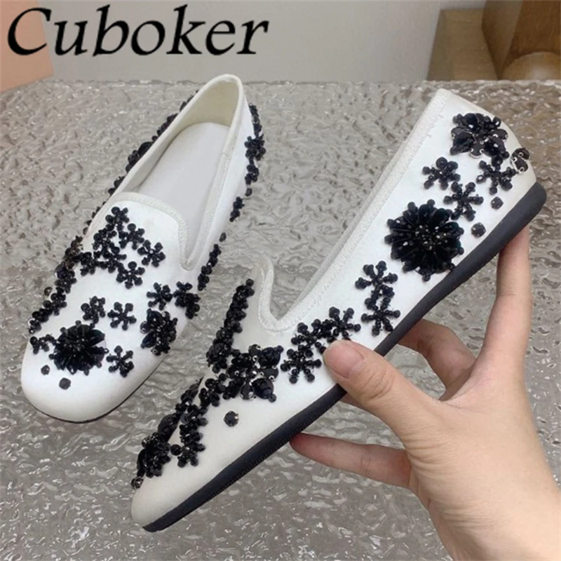 

2024 Spring Crystal Flower Satin Ballet Flat Shoes Women Round Toe Slip-on Lazy Loafers Casual Walking Mules Shoes Zapatos Mujer