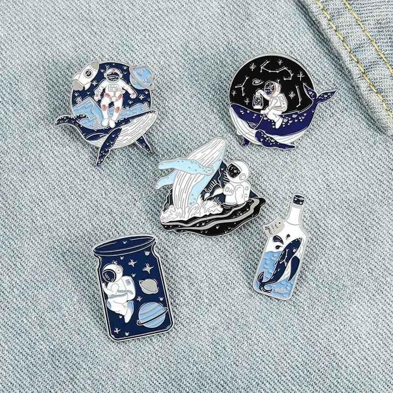 

Astronaut and Whale Enamel Pin Adventure Ocean Drifting Wishing Bottle Brooches Bag Lapel Pin Badge Jewelry Gift for Friends