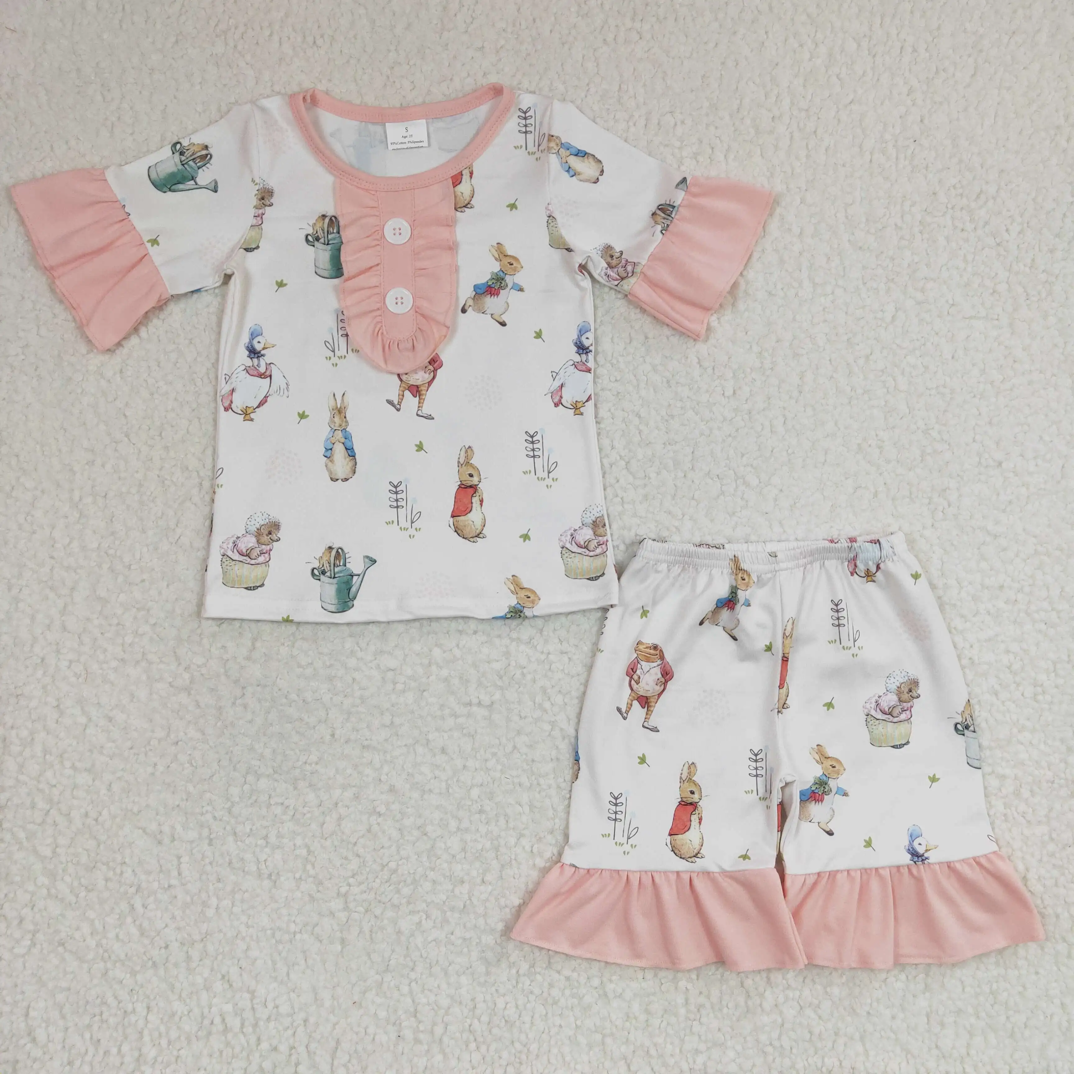 

New Update RTS Two Pieces Baby Girls Bunny Outfits Children Spring Pink Clothes Kids Boutique Shorts Sets