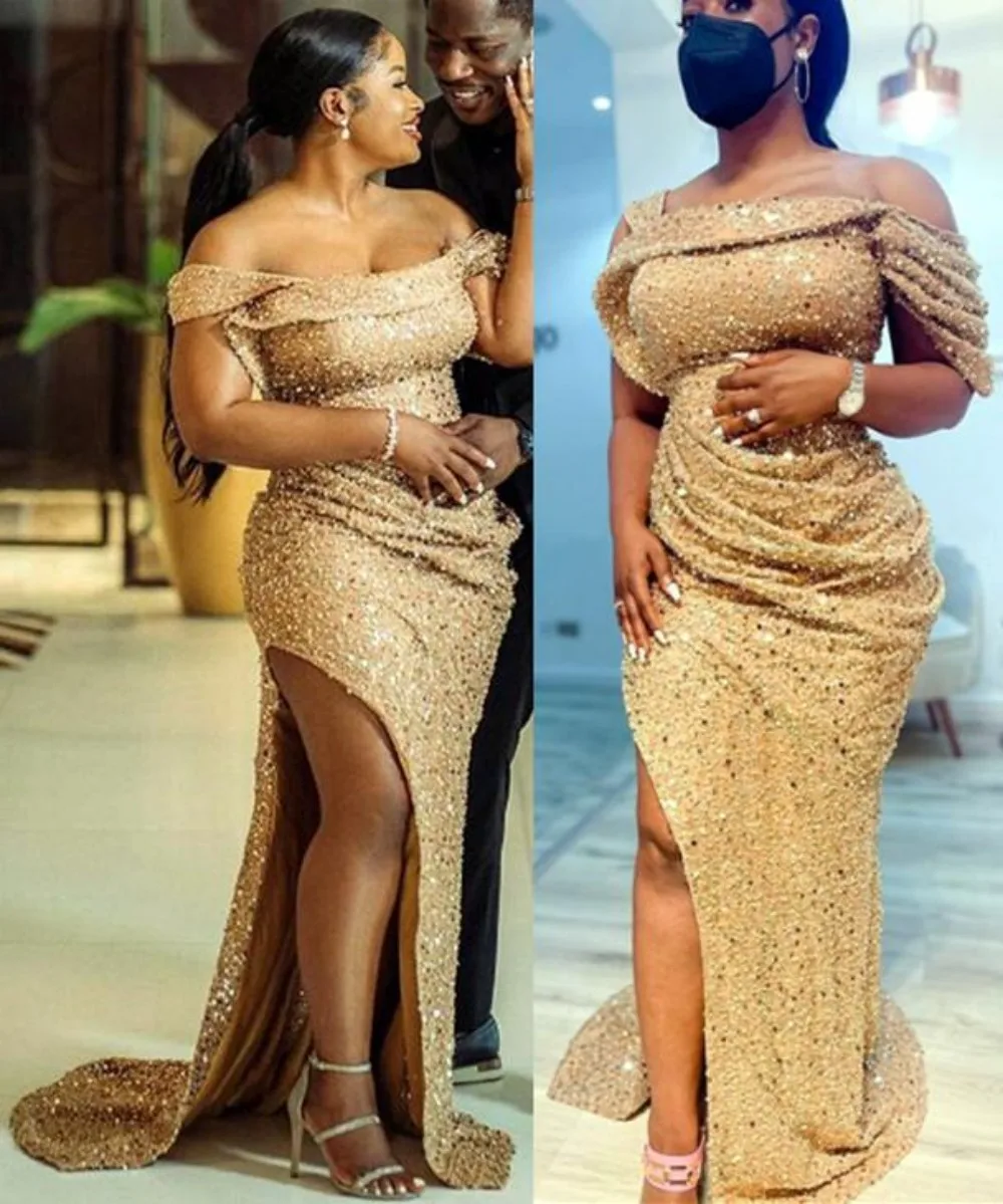 

Plus Size Arabic Aso Ebi Gold Sexy Sequined Prom Dresses High Split Sheath Evening Formal Party Second Reception Bridesmaid Gown